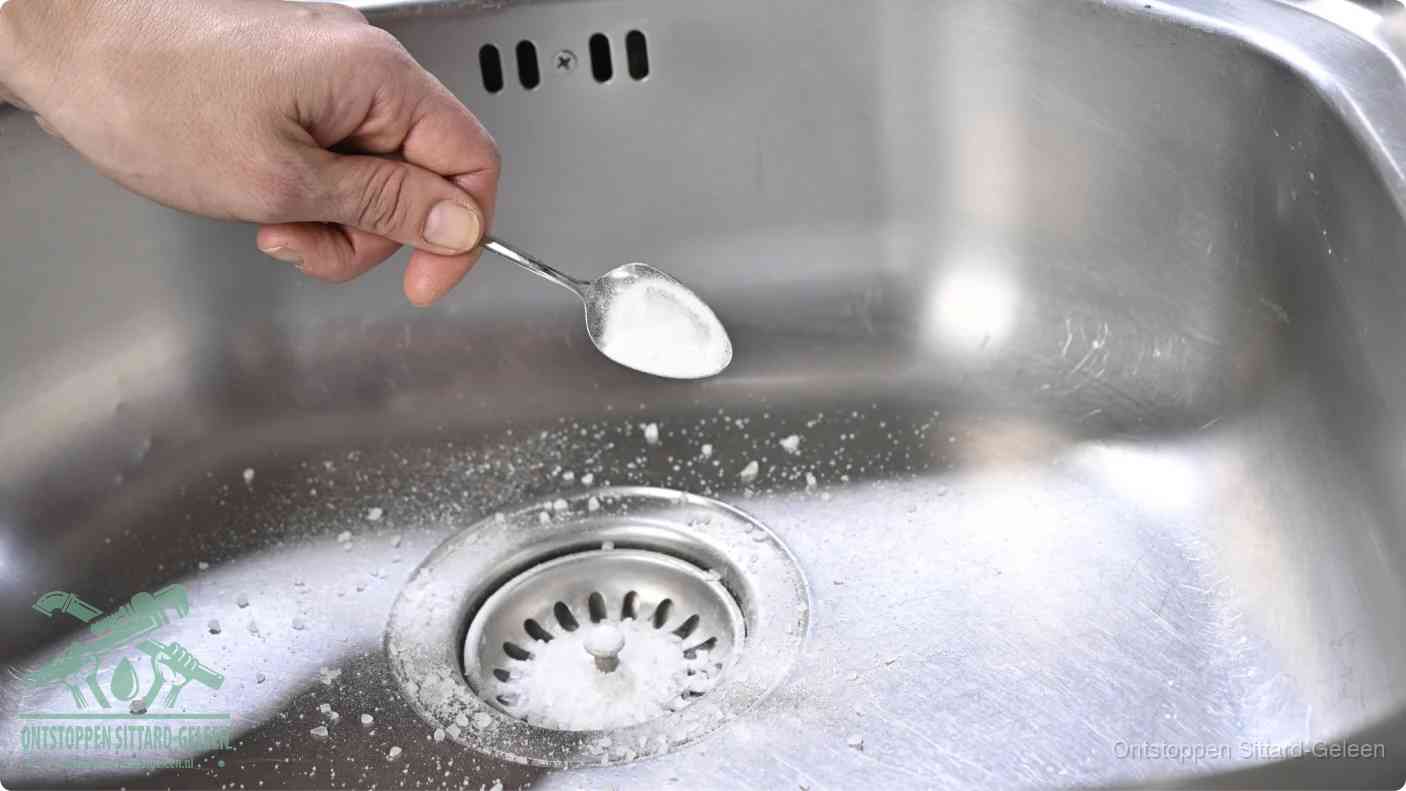 Een hand strooit met een lepel soda in de afvoer van een roestvrijstalen spoelbak, de soda en azijn huismiddel-methode om de afvoer te ontstoppen in Sittard-Geleen