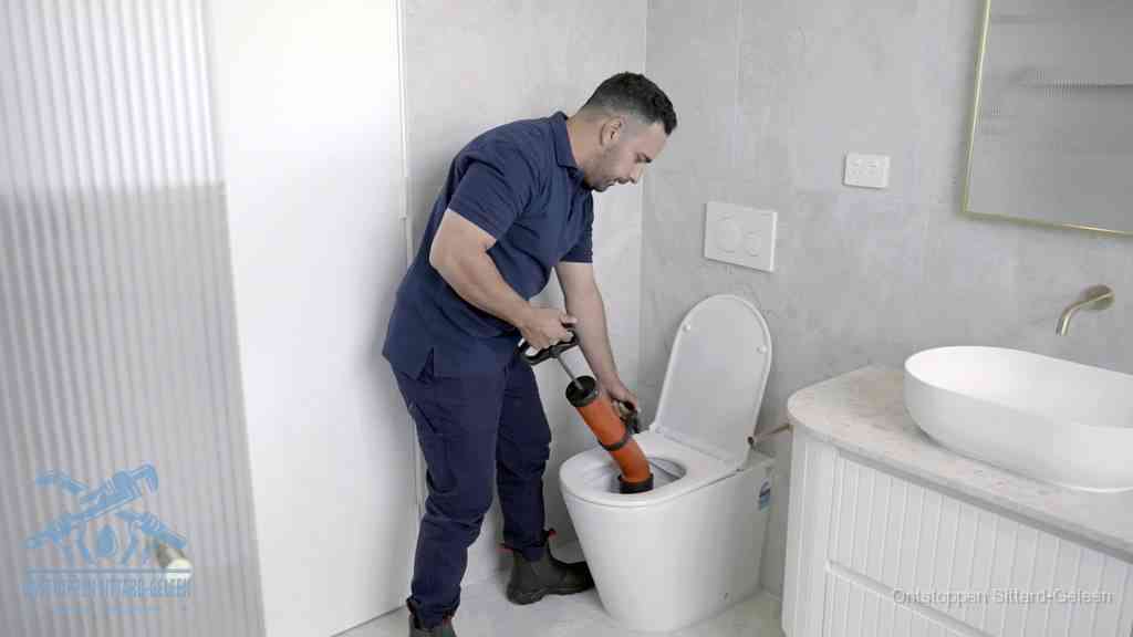 Een monteur buigt over een wandcloset en duwt met de hand een persluchtontstopper in de toiletpot om de verstopping handmatig los te maken in Sittard-Geleen
